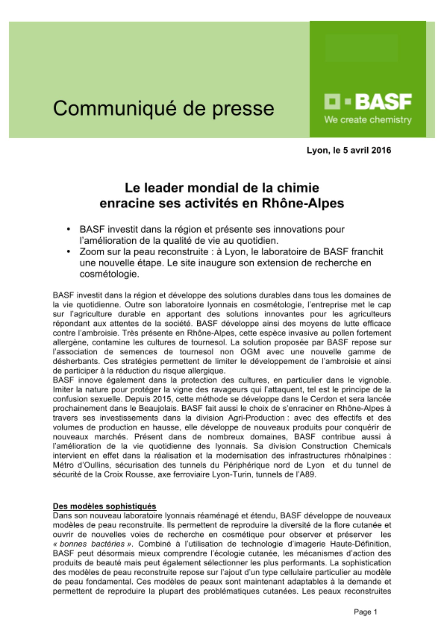 BASF investit dans la région et présente ses innovations pour l’amélioration de la qualité de vie au quotidien (communiqué et dossier de presse).